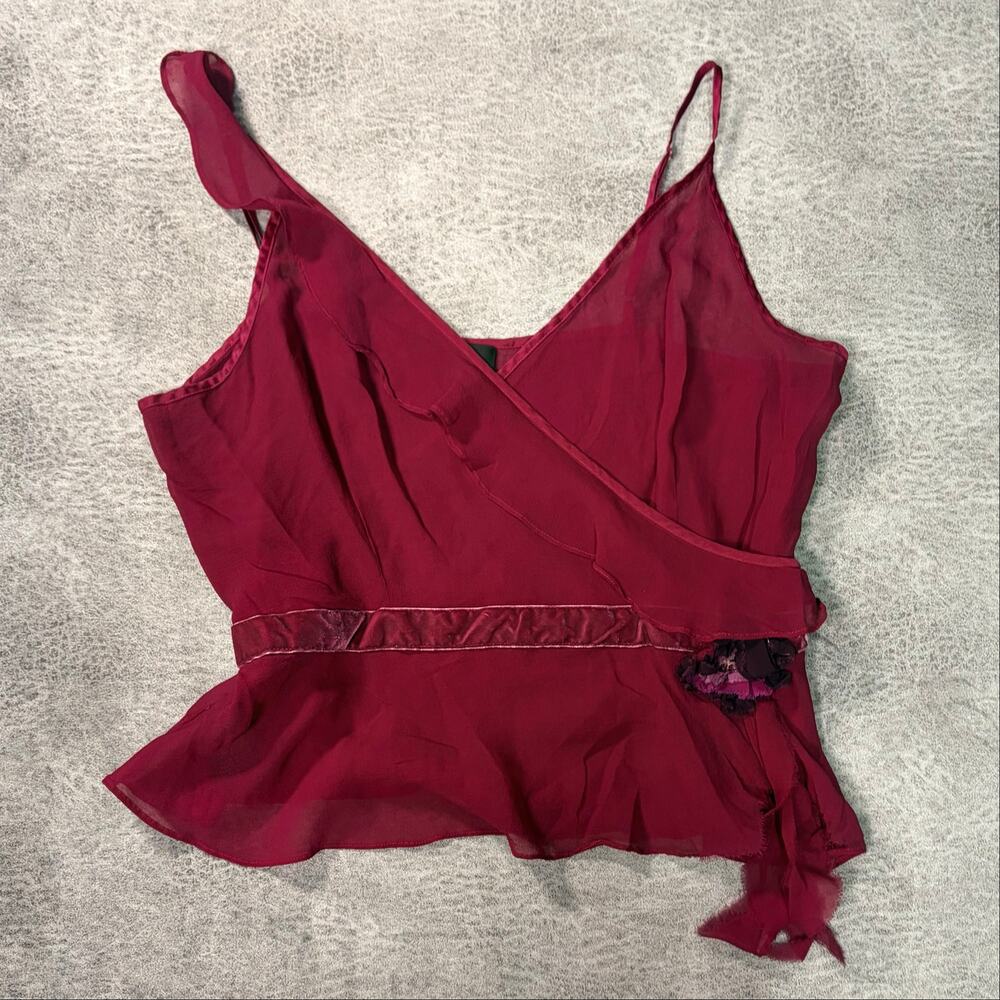 Bebe Silk Red Sheer Rosette Crop Cami